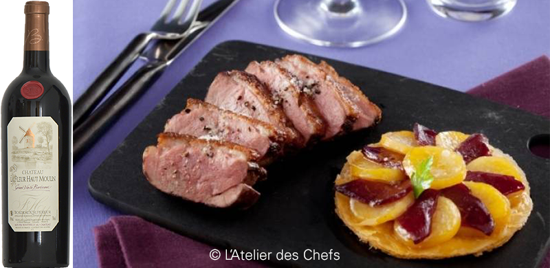 Magret de canard rôti et sa tatin de pommes de terre au magret fumé